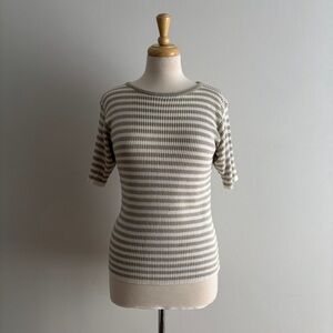 Vintage 90s Neutral Striped Grey & White Knit Short Sleeve Tee T-Shirt S/M